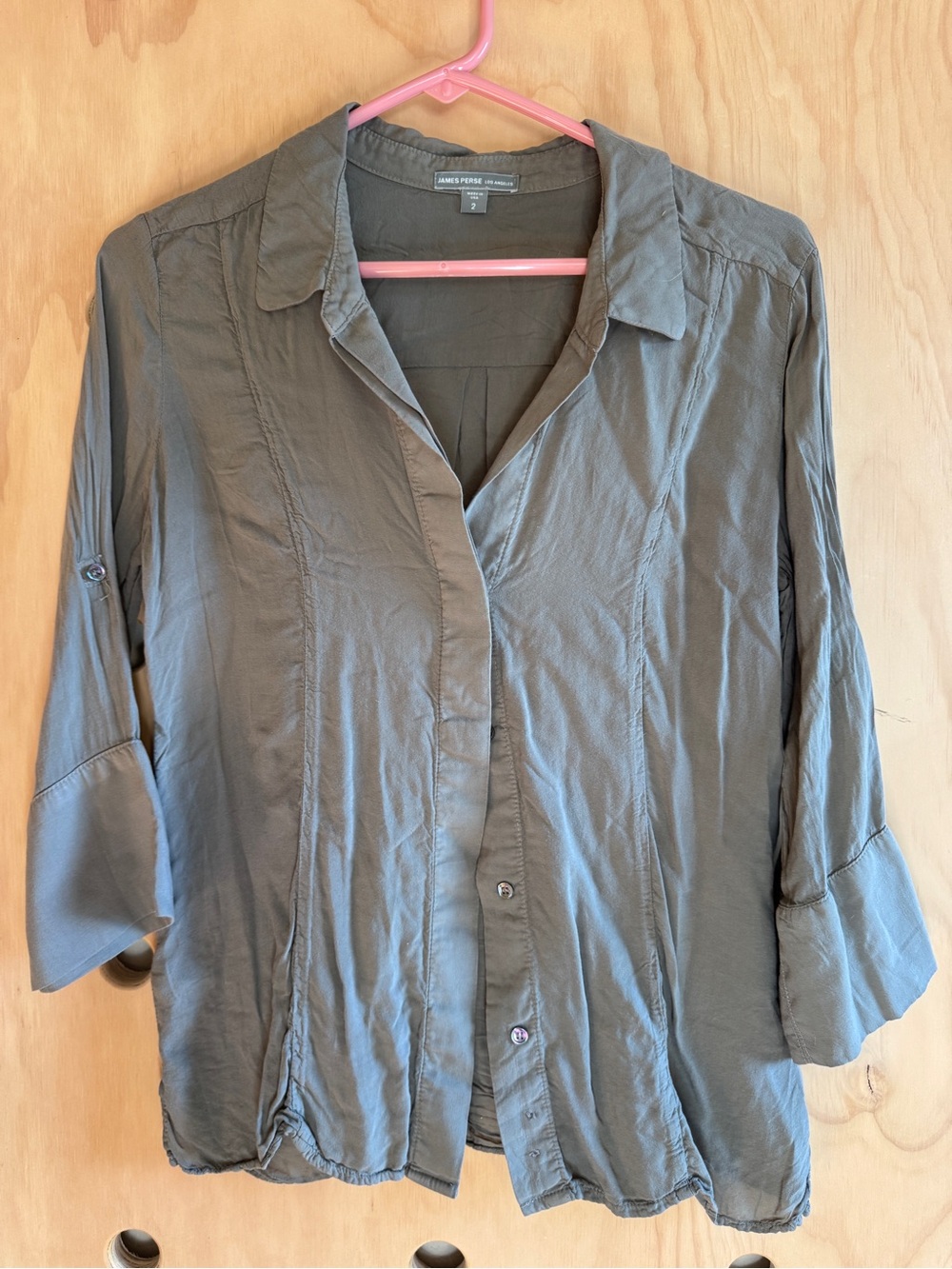 James Perse Olive Button-Front Roll-Tab Shirt